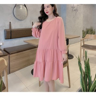 váy suông dài tay tầng bèo chất đũi trơn - bầu bí bon chen thoải mái