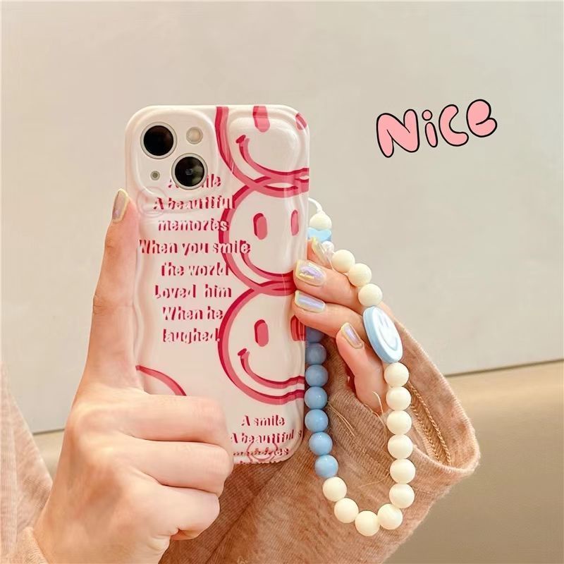 Ốp Điện Thoại Màu Hồng Thiết Kế Mặt Cười Kèm Dây Đeo Chuỗi Hạt Cho IPhone 12 13 11 Pro Max X Xs Max Xr Jkhj