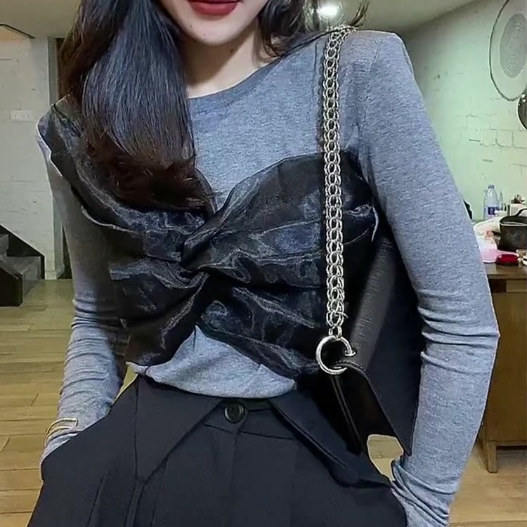 Áo thun tay dài phối lưới đính nơ thời trang dành cho nữ