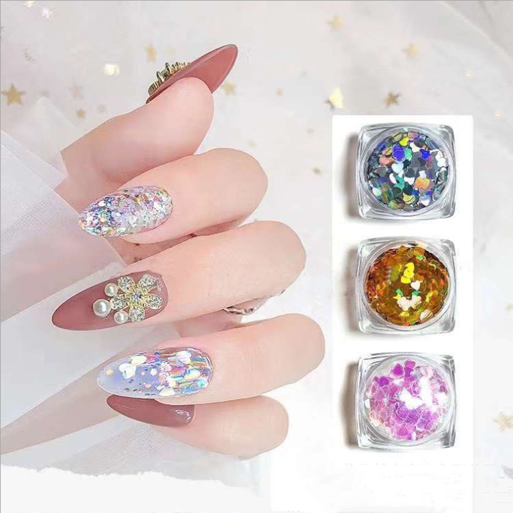 Hũ phụ kiện đính móng hình trái tim hologram xinh xắn
