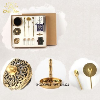 Lư xông, lò đốt xông hương - Bộ 12 dụng cụ bằng đồng để xông trầm mẫu hộp 12 món vuông