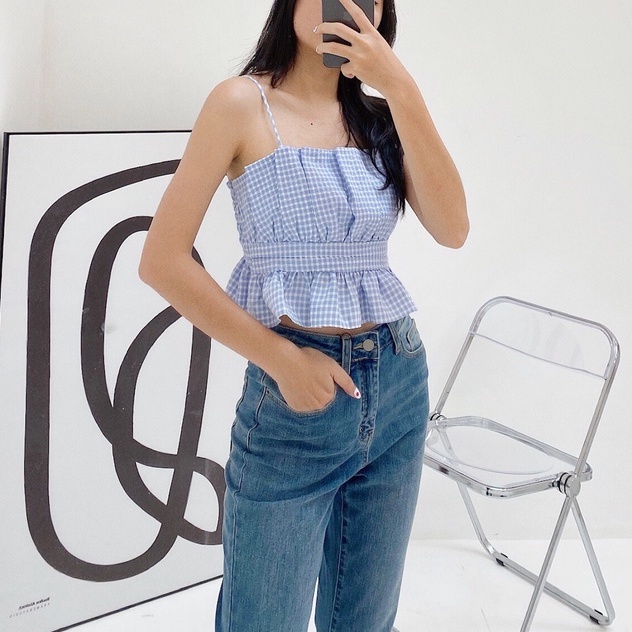[Mã SKAMFSW175 giảm 10K đơn 50K] Áo hai dây xếp ly bo thun sau (Xanh/Trắng) GD07 | BigBuy360 - bigbuy360.vn