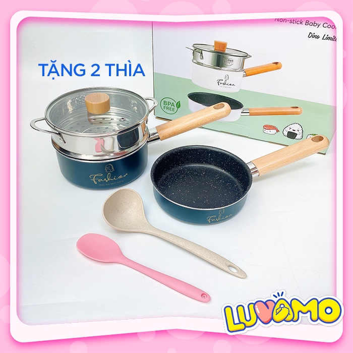 Bộ nồi chảo ăn dặm cho bé fashion khủng long 16cm kèm xửng hấp luvamo (cán lắp sẵn)