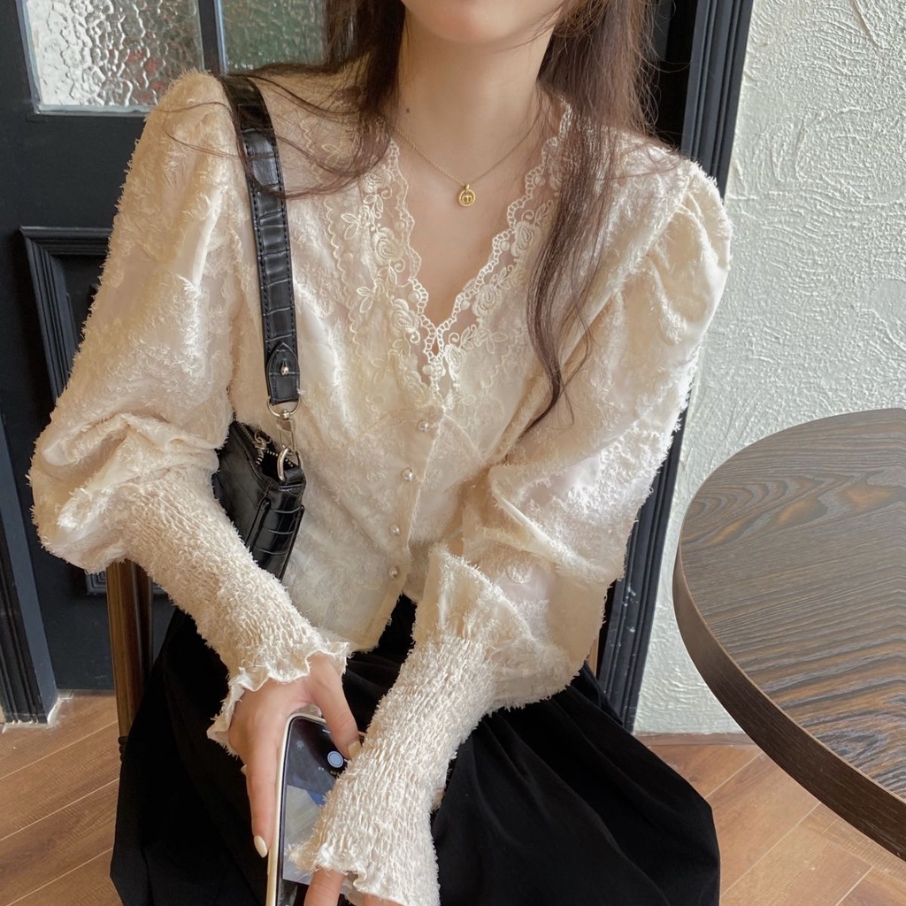 Áo kiểu tay dài cổ chữ V ôm dáng vải ren phong cách Phương Tây dễ phối đồ thời trang dành cho nữ