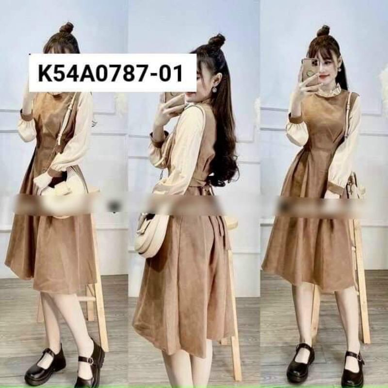Đầm nữ cổ tròn, bèo nhún cổ, mặc công sở đi dạo phố đi cà phê dáng xoè, cột nơ eo, tay dài phồng phối von lụa