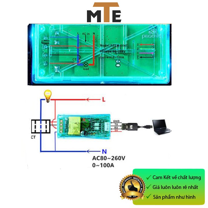 Công tơ điện tử đa năng PZEM-004T AC 220V 100A giao tiếp UART Đo điện áp, dòng điện, công suất thiết bị