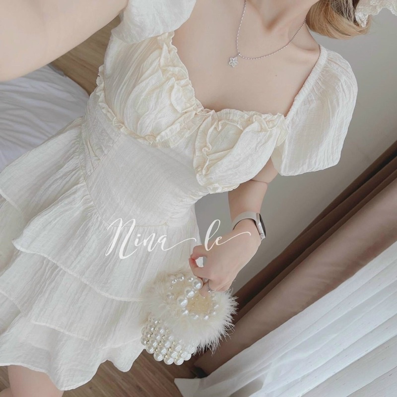 Đầm thời trang nữ mặc đi chơi chất thun đũi gân cổ vuông tay búp xếp ly eo váy xoè tầng ngắn