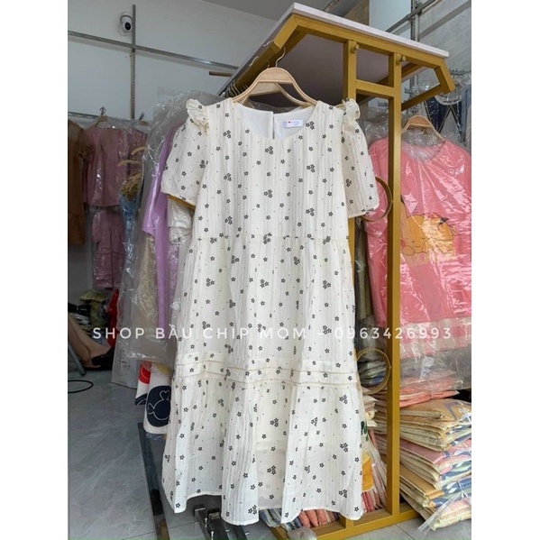 Đầm bầu suông babydoll trắng hoa nhí, form tầng dáng xoè mặc cực xinh xắn trẻ trung V12