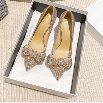 Giày Cao Gót Mũi Nhọn Đính Đá Kim Sa Bạc Quyến Rũ Thời Trang Mới 2023