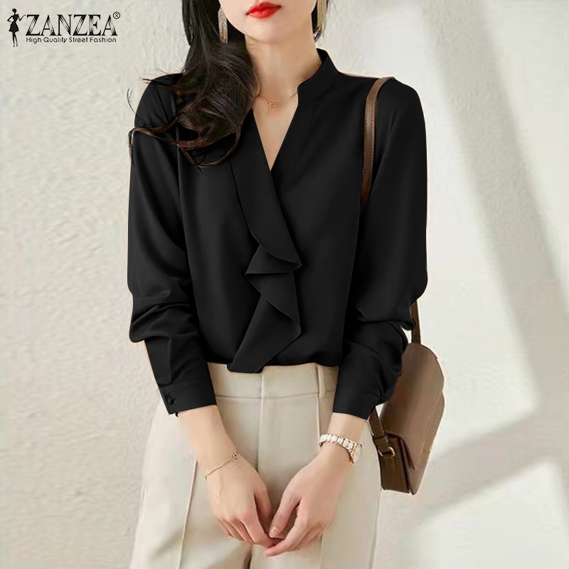 Áo sơ mi ZANZEA cổ V xếp li dài tay có nút ở cổ tay phong cách công sở cho nữ