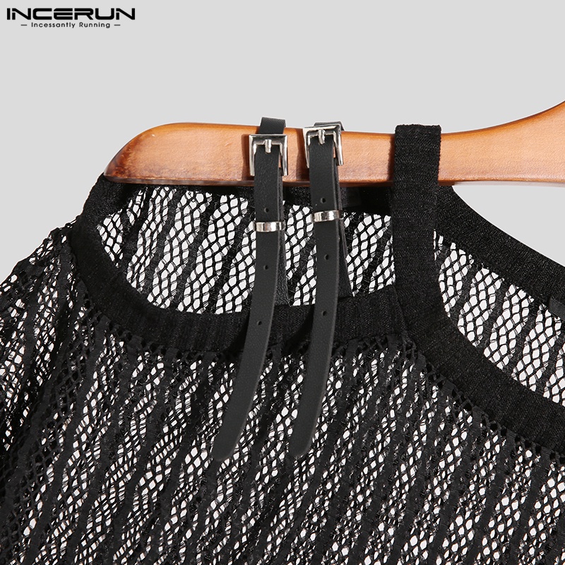 Áo thun INCERUN tay dài cổ tròn xuyên thấu thời trang tùy chọn màu sắc dành cho nam