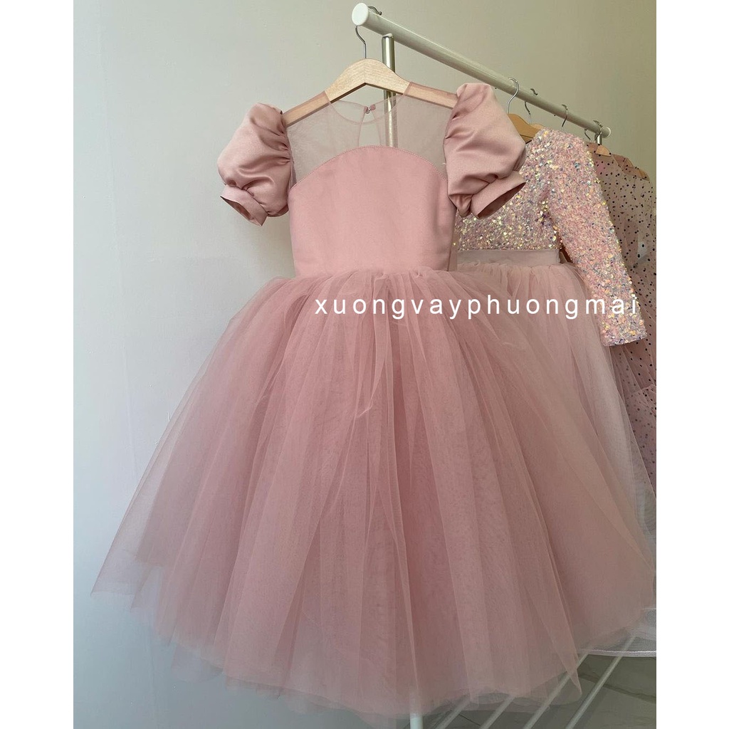 Váy đầm bé gái dáng dài tay bồng hồng đất kiểu công chúa siêu bồng bềnh cho trẻ em 1,2,3,4,5,6,7,8,9,10,11,12 tuổi