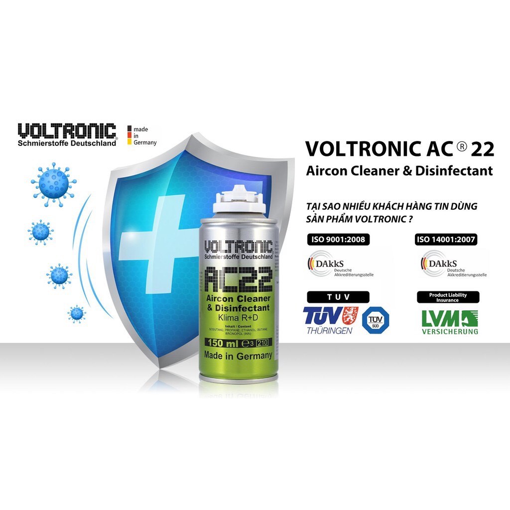 Xịt khử trùng, khử mùi hôi bên trong ô tô Voltronic AC22 Aircon Cleaner And Disinfectant 150ml chamsocxestore