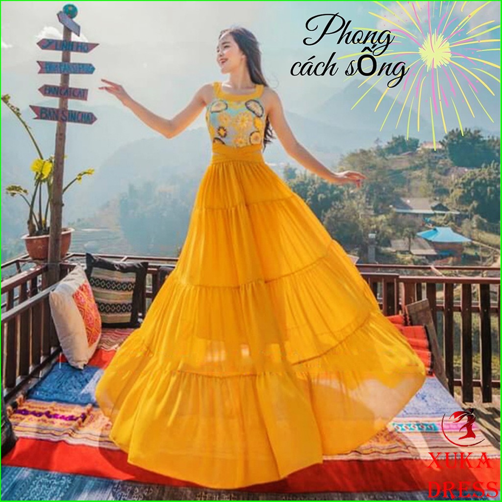 Đầm maxi vàng cut eo chụp hình sống ảo siêu dễ thương HaKieu Msp028