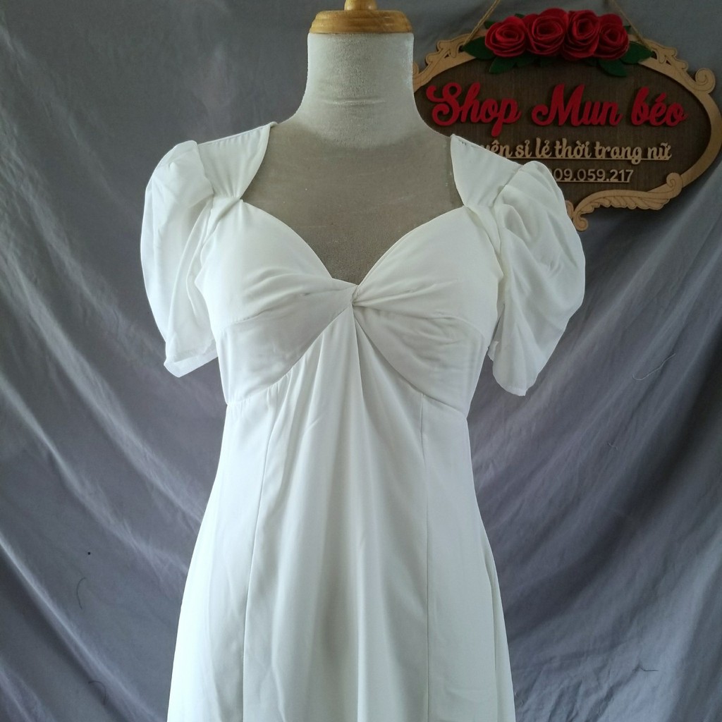 Đầm Maxi Trắng xoắn Ngực Tay Phồng | BigBuy360 - bigbuy360.vn