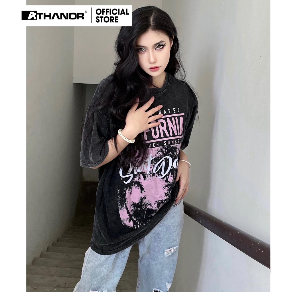 Áo phông nữ form rộng ATHANOR chất cotton wash xám mẫu vintage california