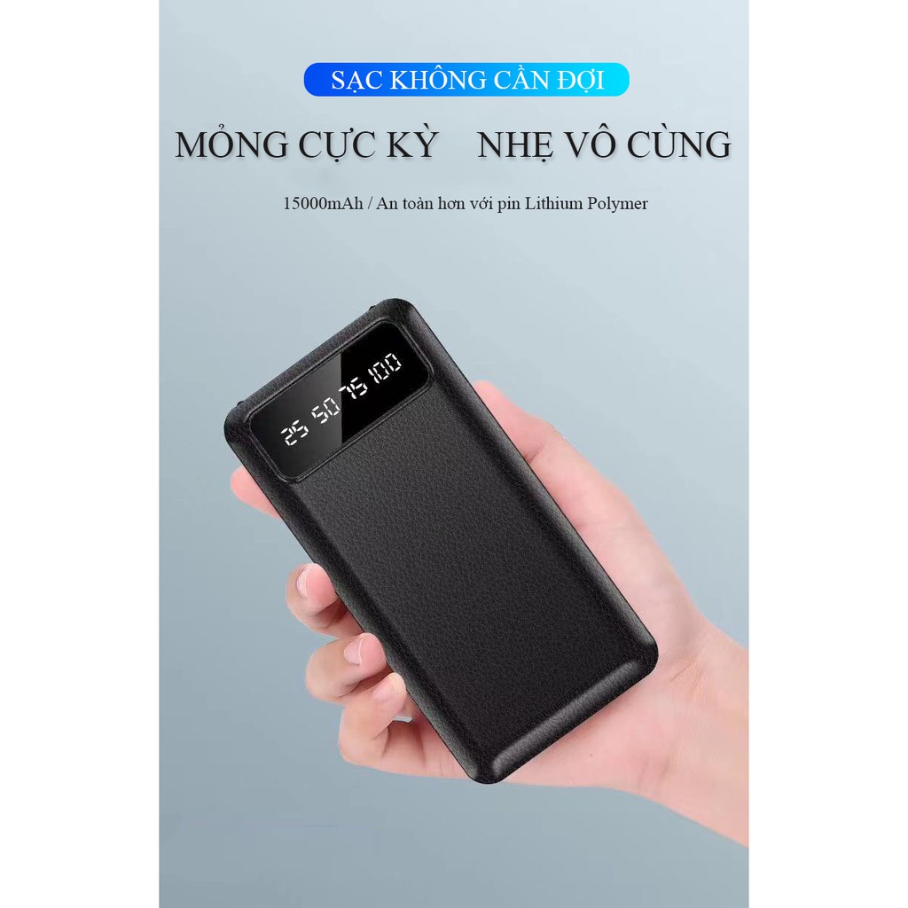 Pin sạc dự phòng dung lượng 15000mAh YM195 1 cổng vào mirco 2 cổng USB kèm 2 đèn pin nhỏ gọn mỏng 3 in 1 dễ dàng bỏ túi