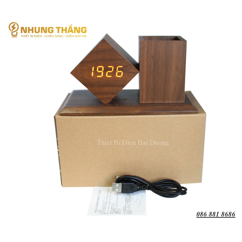 Đồng Hồ Gỗ Led Để Bàn Hình Vuông Chéo DH-95 - Kiêm Ống Đựng Bút - 4 Màu Thanh Lịch - Trang trí decor vintage Căn Phòng