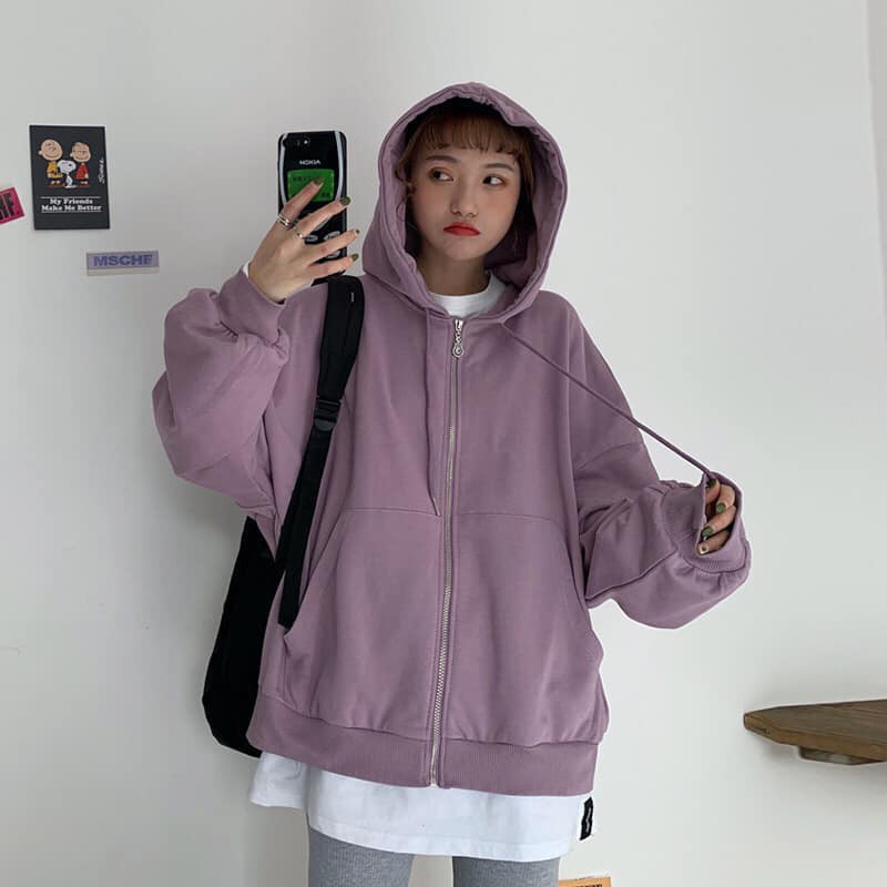 Áo khoác Hoodie Hàn Quốc SIMPLE Áo khoác nỉ form rộng tay bồng dây kéo có mũ - CUTE_ZOO