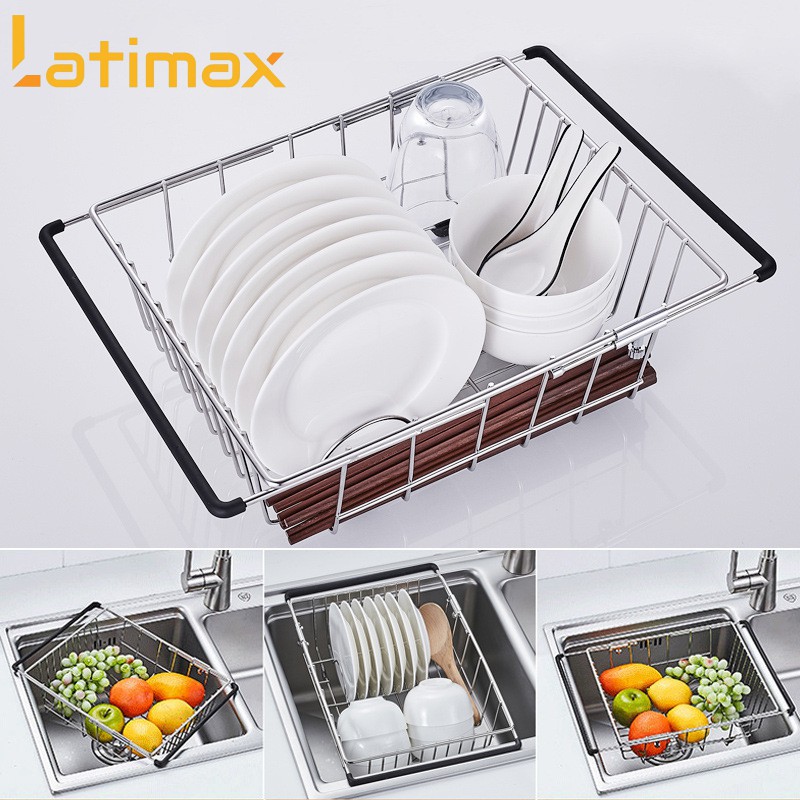 [Mã BMBAU50 giảm 7% đơn 99K] Kệ gác bồn rửa chén đựng Hoa quả, Chén đĩa, Rau củ Latimax Inox 304 Co dãn từ 32 - 44 cm