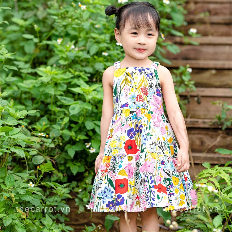 Váy Bé Gái Carrot, 2 Dây Chun Vai Họa Tiết Hoa Lá Sắc Màu, Chất Vải Thô Cotton Thấm Hút Mồ Hôi Tốt
