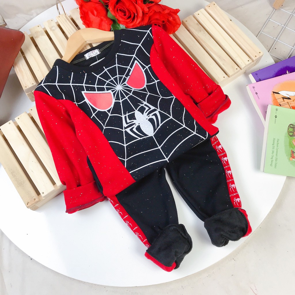 Bộ quần áo siêu nhân nhện dài tay thu đông lót lông cho bé trai 2-5 tuổi
