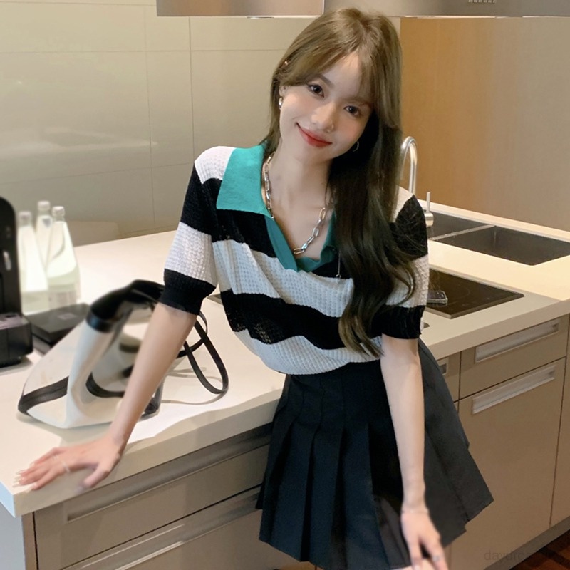 Áo Thun Nữ Dệt Kim Cổ Bẻ Dáng Rộng Phong Cách Hàn Quốc