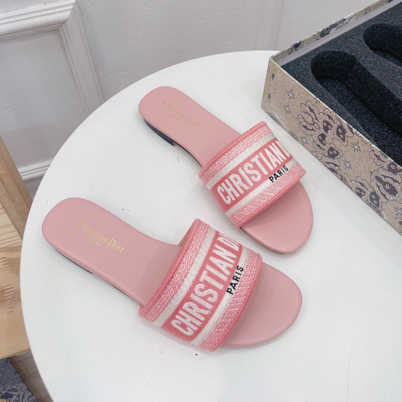 Dép lê Dior vải thêu chắc màu hường xuất sắc fullbox hịn