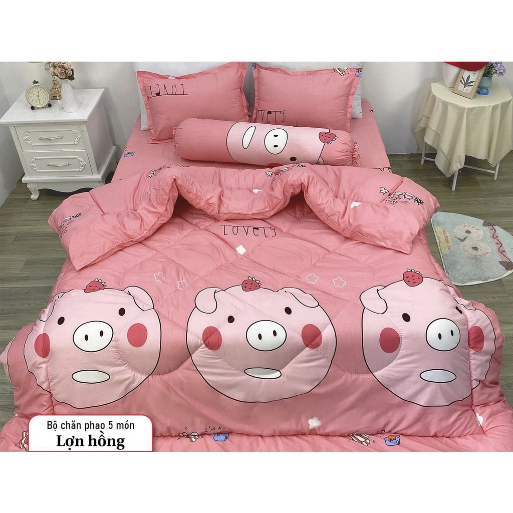 Bộ 5 món chăn phao đô rê mon cotton poly, set 5 món chăn phao doremon miễn phí bo chun ga giường