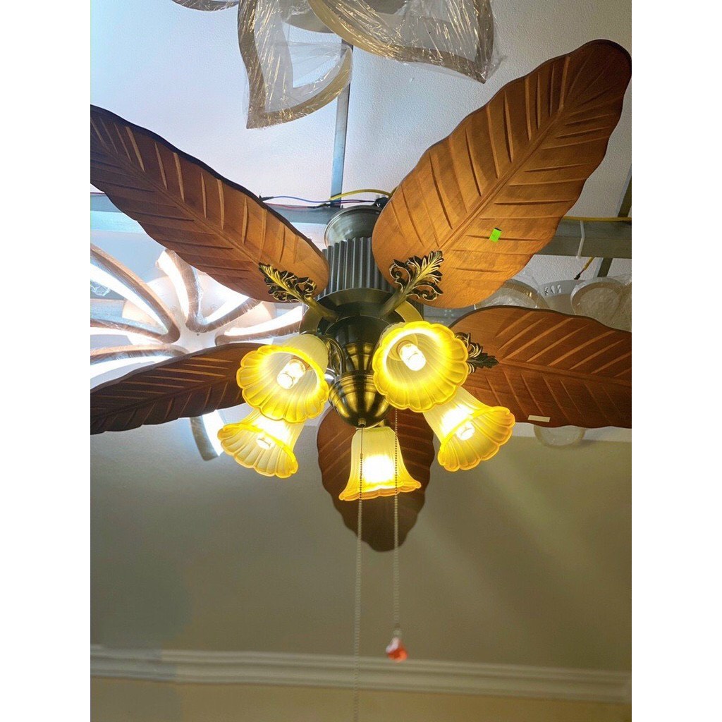 Quạt trần đèn hình lá cây cánh gỗ,6 tốc độ gió,điều khiển từ xa decor phòng khách,ngủ,nhà hàng,spa,quán cafe