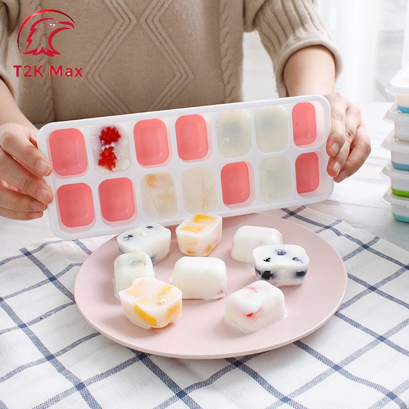 Khay làm đá silicon có nắp đậy thông minh khuôn 14 viên - khay đựng đá tủ lạnh làm thạch kem bảo quản chống mùi