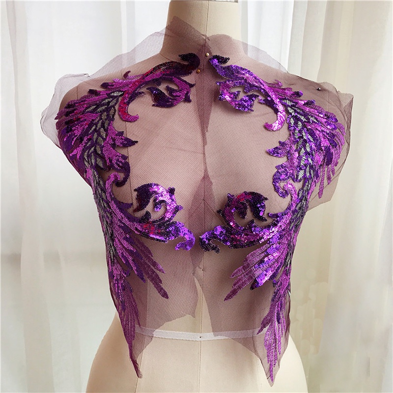 1 Cặp Miếng Dán Ủi Trang Trí Đám Cưới Bằng Vải Ren Lưới Thêu Hình Chim Công Đính Kim Sa Lấp Lánh