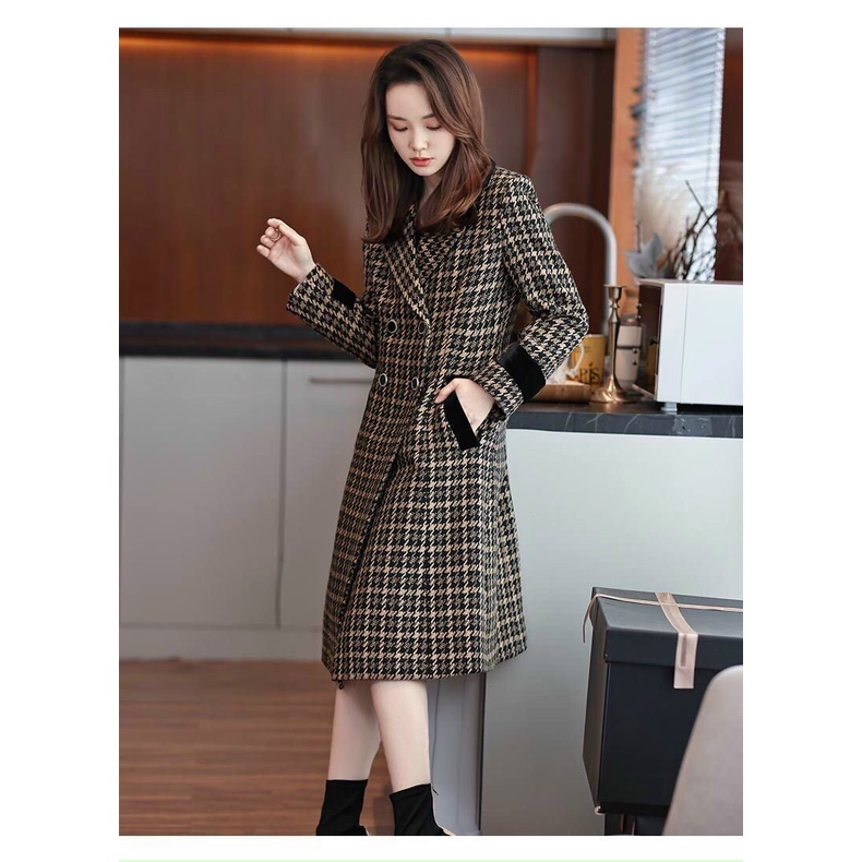 Áo Khoác Nữ, Áo Dạ Dáng Dài  Công Sở Họa Tiết Caro Túi Xéo Cổ Vest Hottrend Siêu Sang