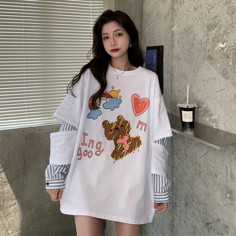 Áo Thun Tay Dài Kẻ Sọc Giả Hai Lớp Phong Cách Hàn Quốc Thời Trang 2022