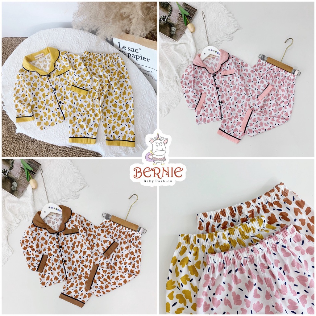 Bộ ngủ cho bé bộ pijama BERNIE dài tay mùa thu chất đũi xuất hàn cho bé 9-21kg - B093