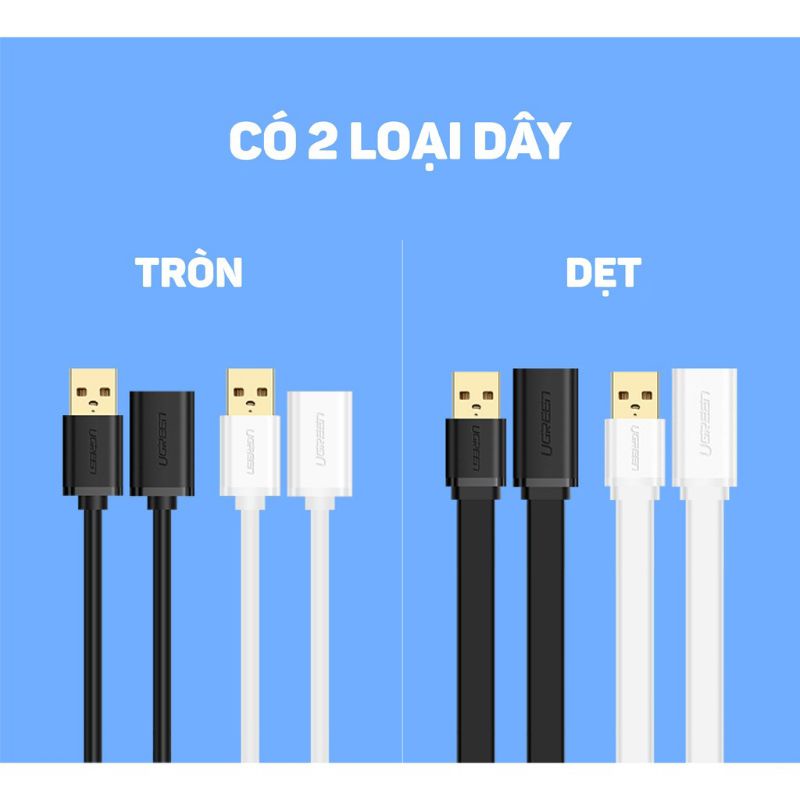 Dây nối dài USB 3.0 mạ vàng dây dạng Dẹt chính hãng Ugreen dài từ 0,5-2M - Bảo hành 18 tháng