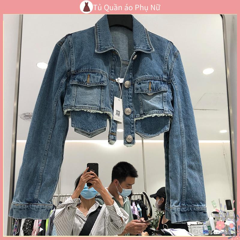 O khoa 'c jean nu' c Jeanan nu Áo Khoác Denim Ngắn Dáng Ôm Eo Cao Phong Cách Đường Phố Mỹ Thời Trang Xuân Thu Mới Dành Cho Bạn Nữ