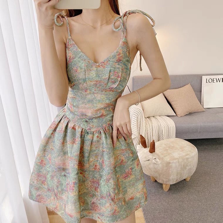 Đầm Ngắn Cổ Chữ V In Họa Tiết Hoa Phong Cách Pháp Cổ Điển Thời Trang Cho Nữ