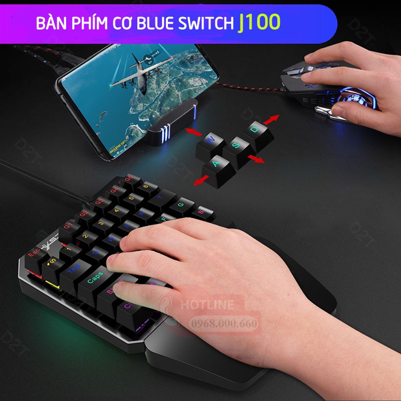 Bàn phím cơ 1 tay J100 LED RGB Rainbow chơi game PUBG, Call of Duty và các game mobile trên Rawm Shell ,Lingzha 2 Pro,Q1