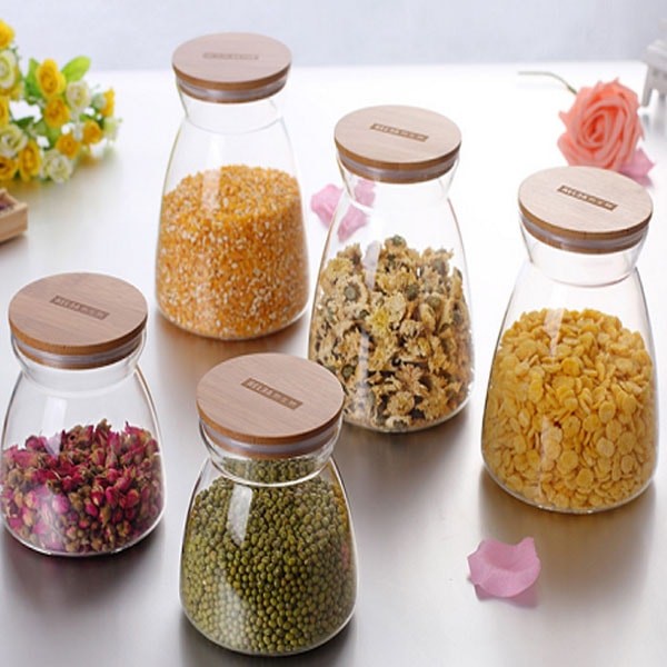Lọ thuỷ tinh eo nắp tre, hũ thủy tinh đựng đồ khô đa năng cao cấp