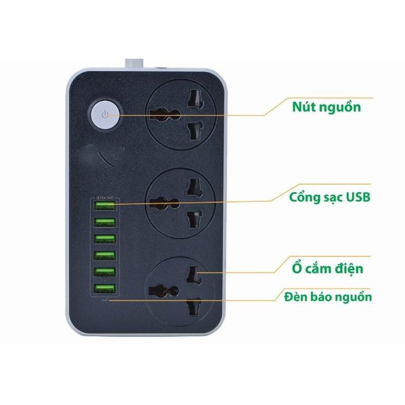 Ổ CẮM ĐIỆN THÔNG MINH  6 USB SẠC NHANH 3.4A - ĐA NĂNG - SENVANGSHOP