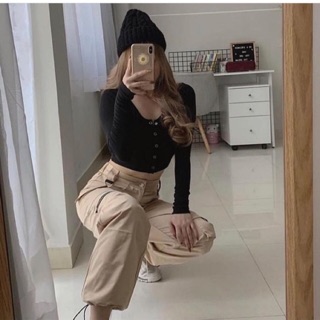 Áo thun gân tay dài croptop nút bấm ( kèm video )