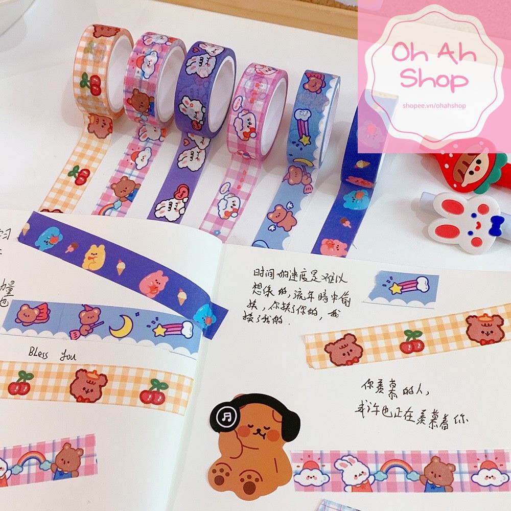 🍓 Băng dính Washi tape trang trí sổ học tập siêu dễ thương tiện lợi Mẫu Mới 2021