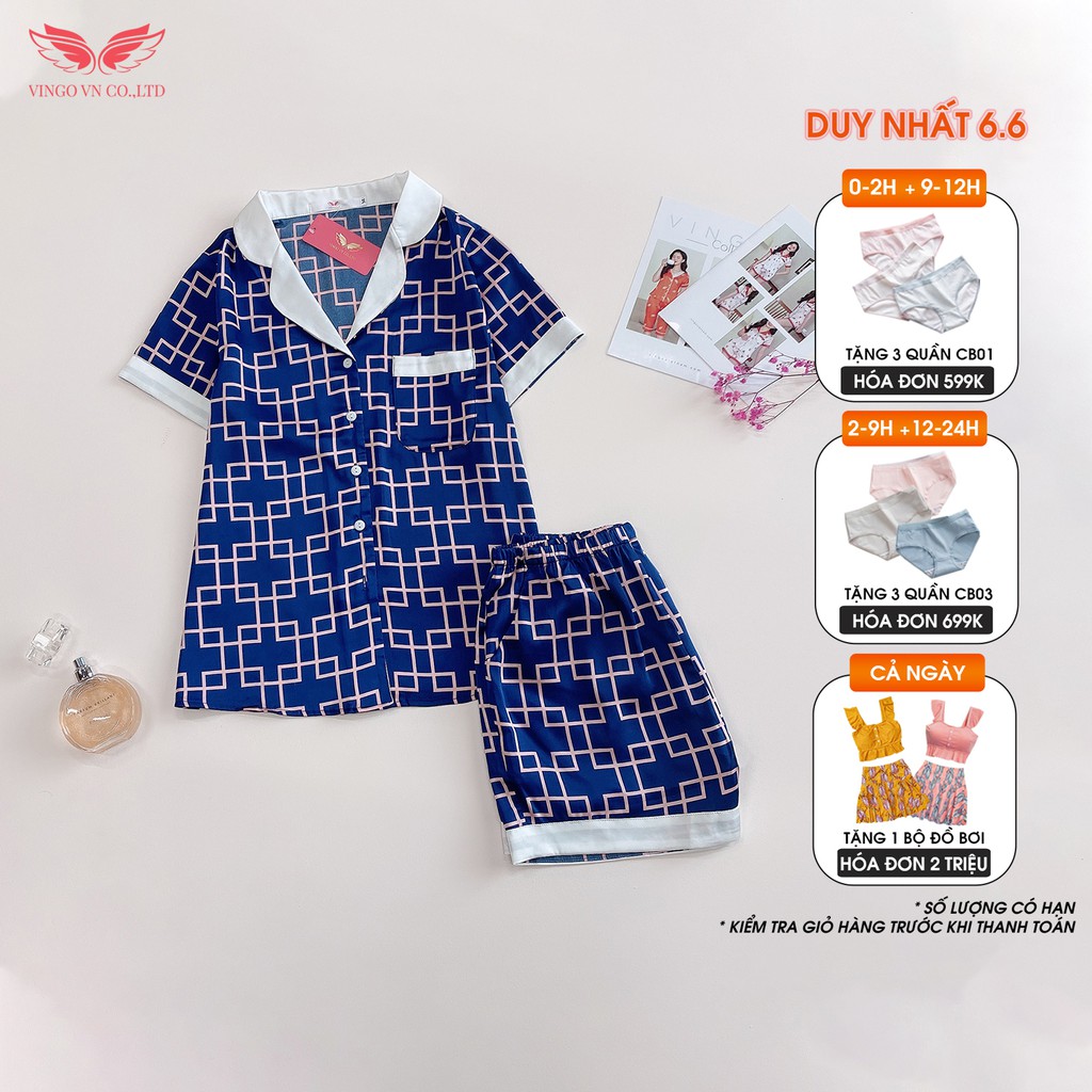 VINGO Bộ Đồ Mặc Nhà Nữ Lụa Gấm Kiểu Pijama Tay Cộc Quần Cộc Kẻ Ô Vuông Hồng H412 VNGO - TCQC