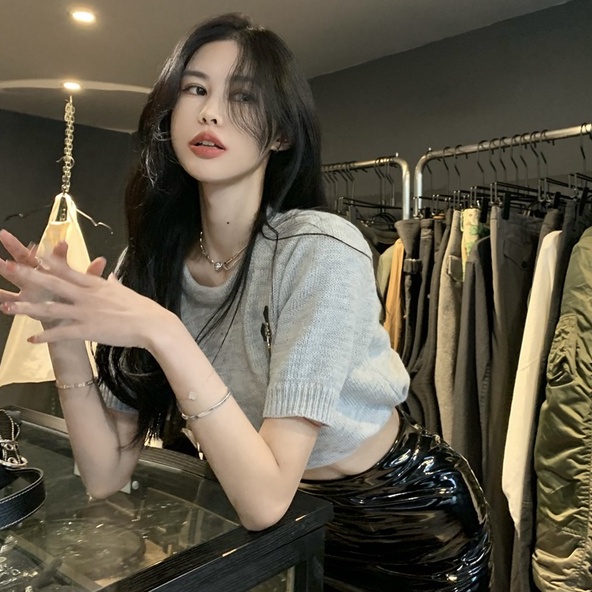 Áo thun ZHELIHANGFEI dáng ngắn tay ngắn phong cách vintage