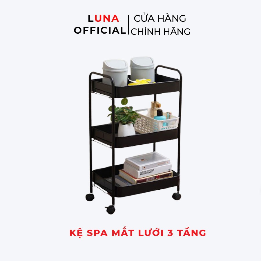 Kệ đa năng 3 tầng để đồ bằng sắt mắt lưới, giá kệ spa có bánh xe giá rẻ