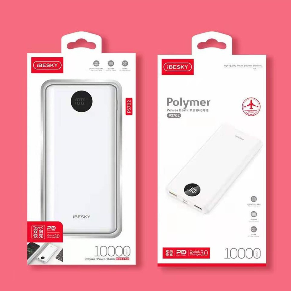 [BH 12T] Pin dự phòng iBESKY PS702 10.000mAh  sạc nhanh Quick Charge 3.0 18W, hiển thị LED Sạc Siêu Nhanh Chuẩn PD