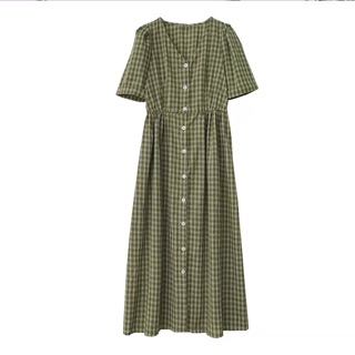 {order bigsize,M-4xl}Váy thô kẻ eo chun tiểu thư