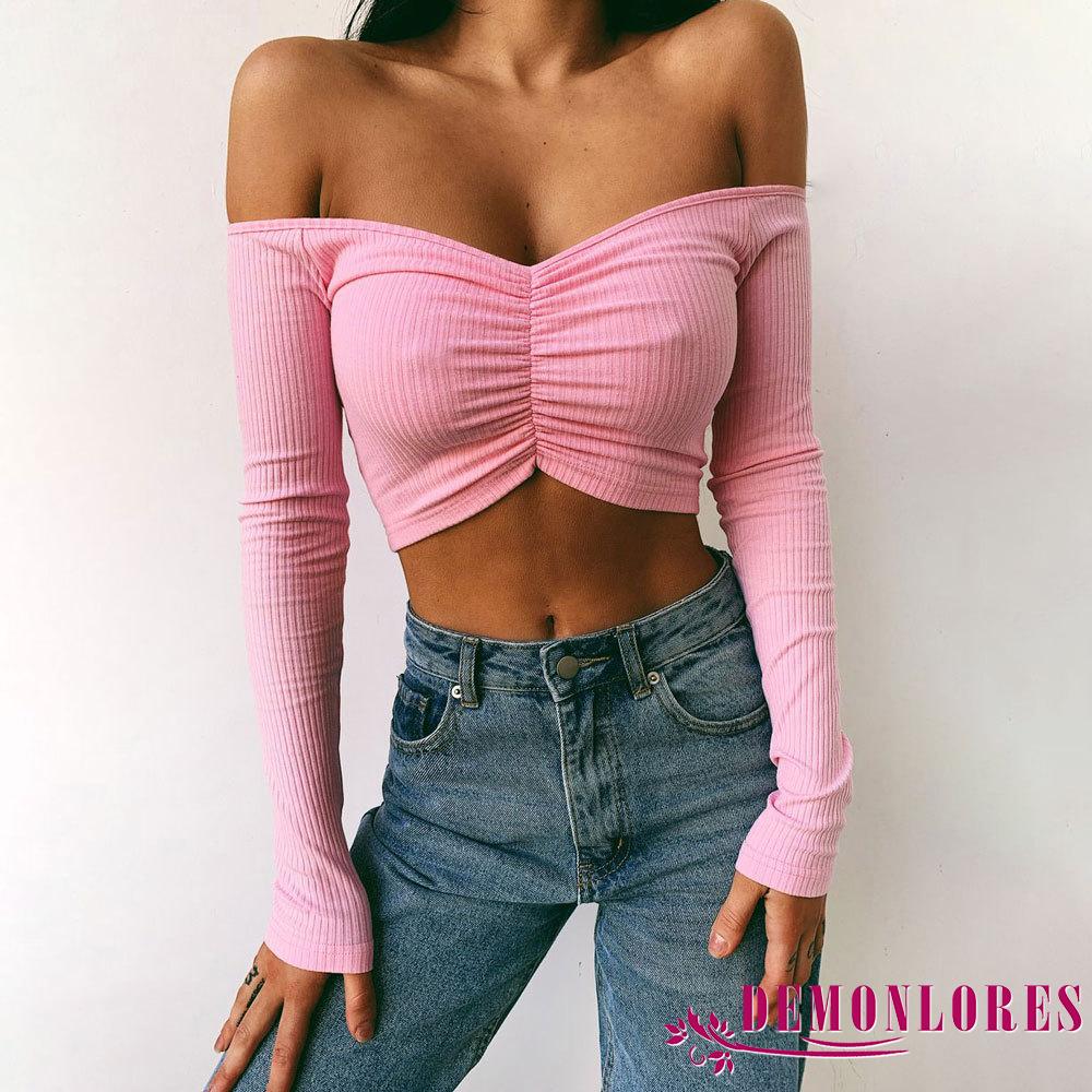 Áo Croptop Tay Dài Trễ Vai Màu Trơn Quyến Rũ Dành Cho Nữ