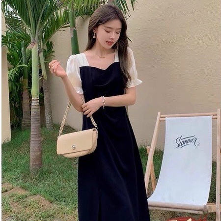 Đầm dự tiệc thiết kế,phong cách hàn quốc,váy cao cấp chất liệu cotton full 2 lớp phối tay bồng tằm ánh kim XM Minh Phúc